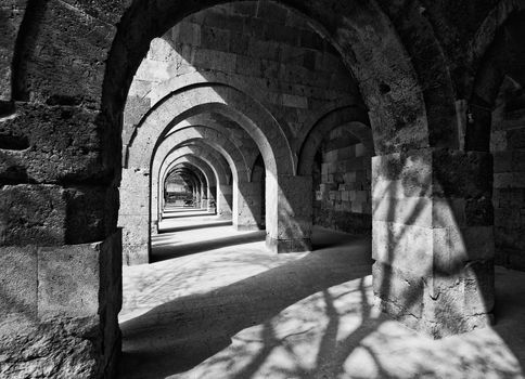 Black and white photo in Turkish Caravanserai in Cappadocia