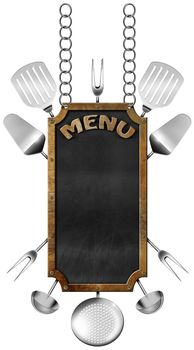 Empty blackboard with metallic frame, text menu and kitchen utensils hanging from a metal chain and isolated on white background