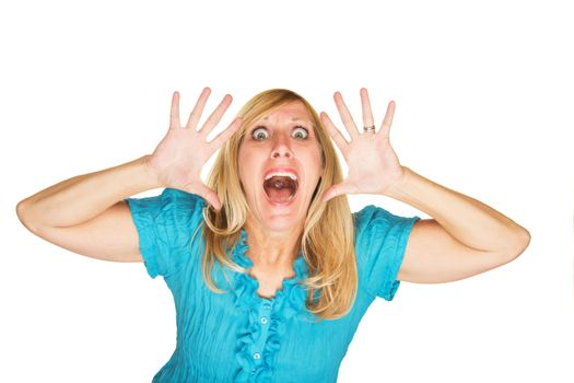 Scared Caucasian female screaming over white background