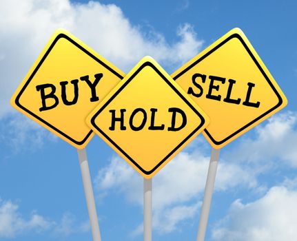 Illustration of three road signs with buy hold and sell text