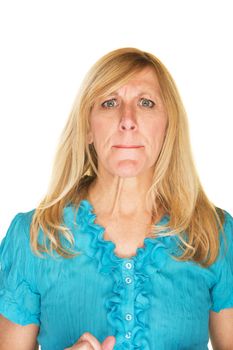 Confused middle aged Caucasian female over white background