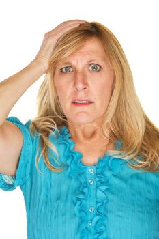 Nervous woman with hand on head over white background