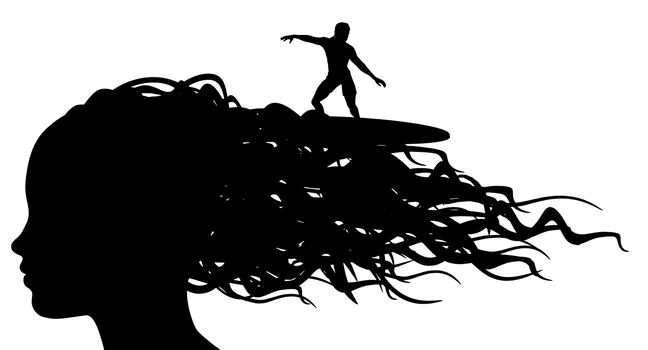 Illustration of a person surfing on the waves of a womans hair