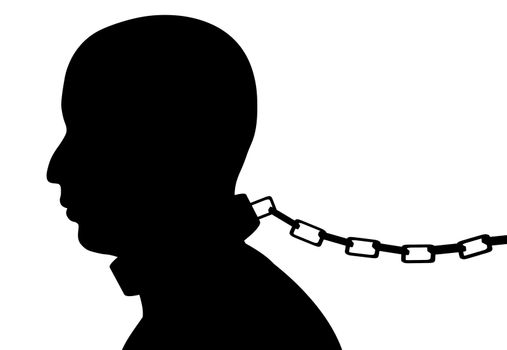 Illustration of a man with a shackle and chain around his neck