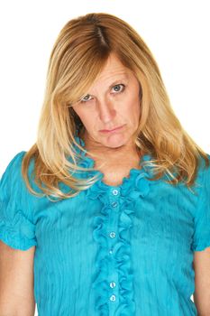 Woman in blue with sorry facial expression