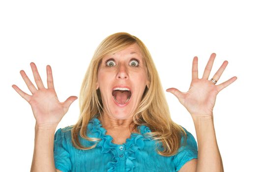 Surprised woman screaming with hands up over white