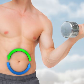 Fit shirtless man lifting dumbbell  against cloudy sky