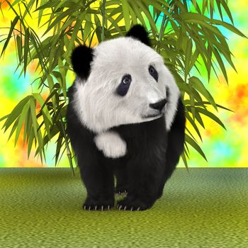 3D digital render of a panda bear and green bamboo plants on a colourful background