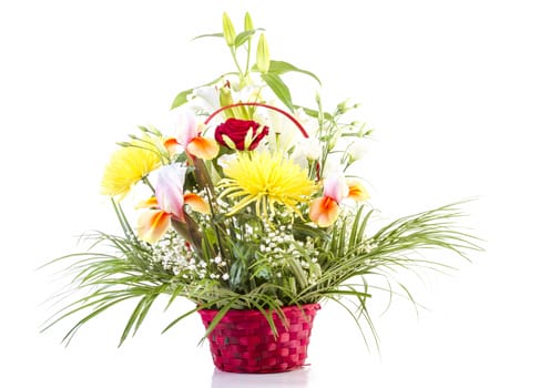 Basket with flowers for Mother on white background