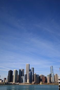 The classic Chicago skyline on Lake Michigan.