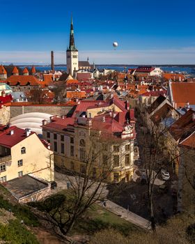 Aerial View of Tallinn Old Town and Olaviste Church from Toompea Hill, Tallinn, Estonia