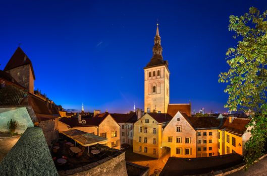 Evening View of Old Town and Saint Nicholas (Niguliste) Church in Tallinn, Estonia