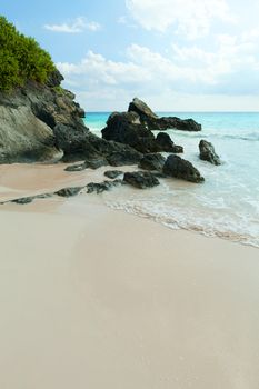 Bermuda Horseshoe Bay beach scene empty without any tourists.
