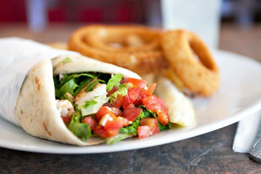 Chicken pita wrap sandwich with onion rings and a deli pickle slice. Shallow depth of field.