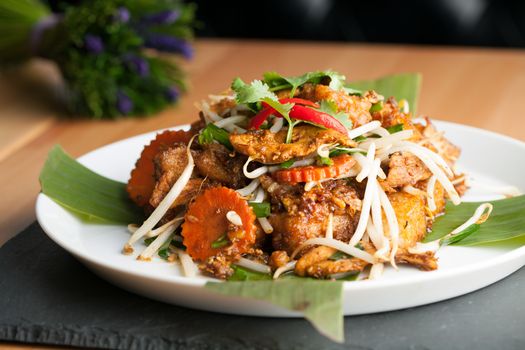 Thai style radish cakes dish with chicken.  Also referred to as turnip cakes. Shallow depth of field.