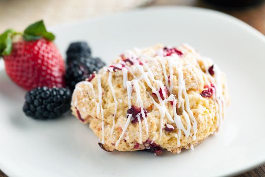 Orange Cranberry Scone with fresh fruit.  Shallow depth of field.