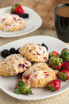 Orange Cranberry Scone with fresh fruit.  Shallow depth of field.