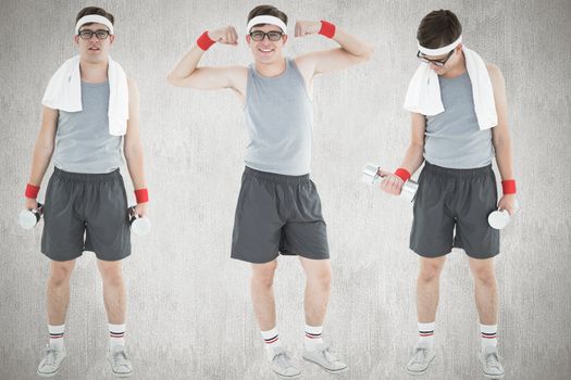 Nerd working out against white and grey background