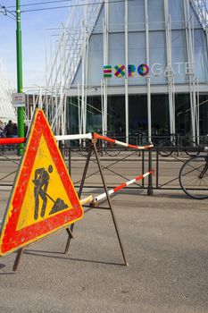 MILAN, ITALY - MARCH 29: View of under costruction sign next the Expo gate 2015 in Milan on March 29, 2015