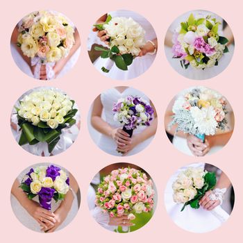 Collage of beautiful wedding bouquets. Nine photos.