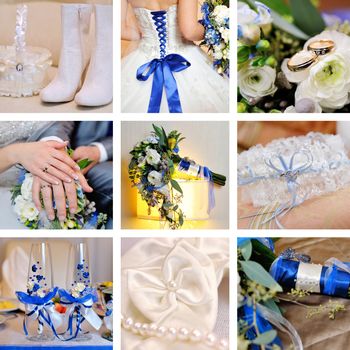 collage of nine wedding photos in blue.