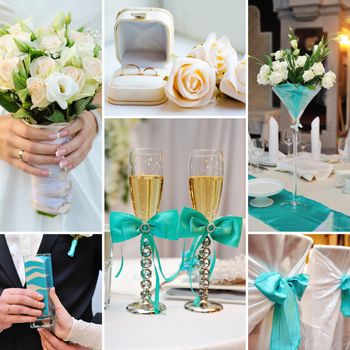 collage of wedding pictures decorations in turquoise, blue colors