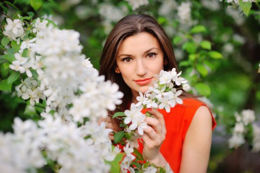 Portrait of brunette girl on a background of flowering trees.