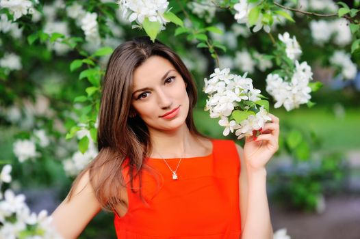 Portrait of brunette girl on a background of flowering trees.