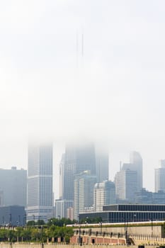 John Hancock Center in clouds, Downtown Chicago, IL