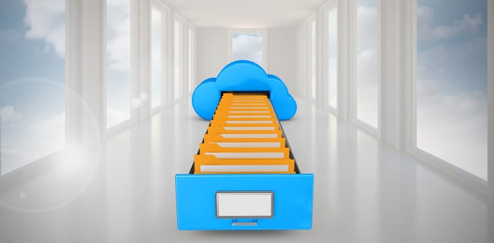 Cloud computing drawer against bright white hall with windows