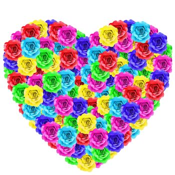 heart shape of colorful rose flower on white background  