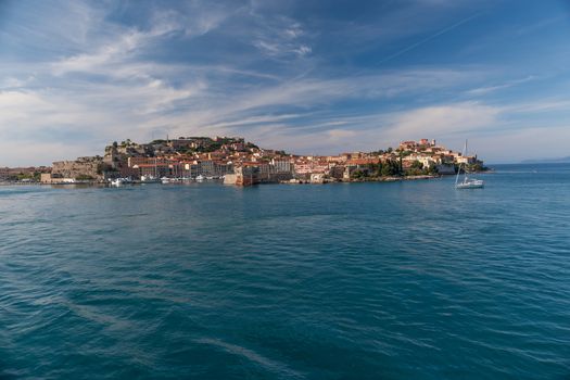 View of Portoferraio old city, with the Forte Stella and the Napoleon Villa. Islend of Elba, Livorno, Italy.