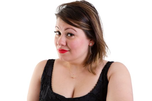 Sceptical woman with raised eyebrows looking sideways at the camera with a quizzical expression showing her incredulity and distrust, isolated on white