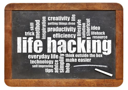 life hacking word cloud on an isolated vintage blackboard