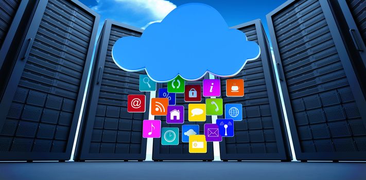 Cloud with apps against bright blue sky with clouds