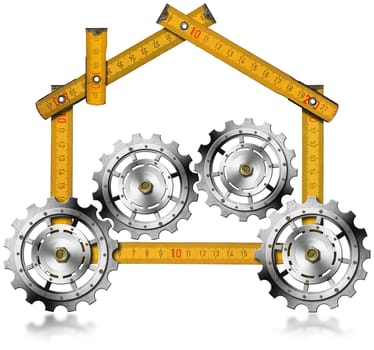 Meter wooden ruler in the shape of house with gears, symbol of house industry. Isolated on a white background