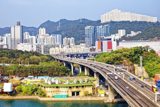 view on Hong Kong highway bridge at day