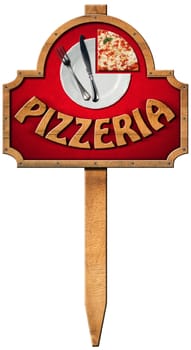 Wooden sign with white plate, silver cutlery, slice of pizza and text pizzeria, hanging on a wooden pole and isolated on a white background
