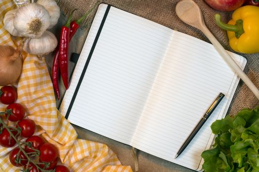 Blank recipe book pages (space for text) with cooking ingredients and utensils