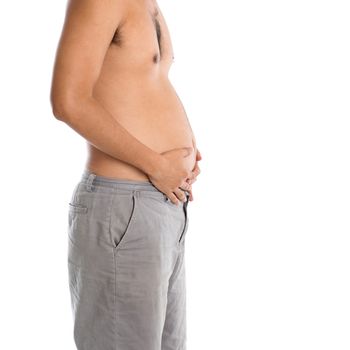 Man holding his fat belly, isolated on white background.