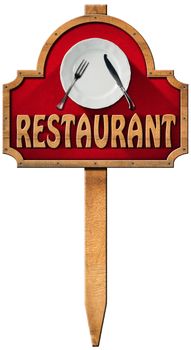 Wooden sign with empty white plate with silver cutlery and wooden text restaurant, hanging on a wooden pole and isolated on a white background