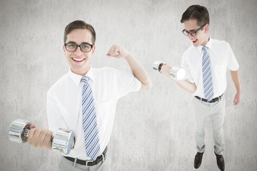 Nerd lifting dumbbell against white and grey background