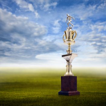 Football trophy with nice landscape background, Success concept