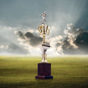 Football trophy with nice landscape background, Success concept