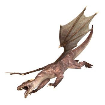 3D digital render of a soaring fantasy dragon isolated on white background