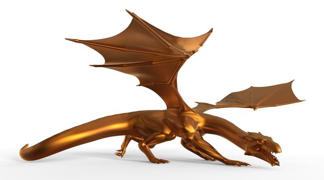 3D digital render of fantasy golden dragon isolated on white background