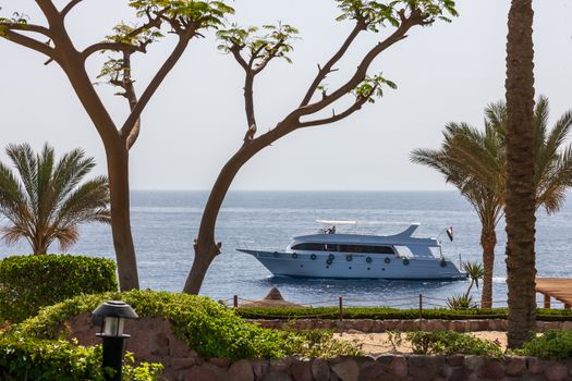 Motor yacht and beach at the luxury hotel, Sharm el Sheikh, Egypt