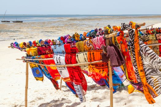 Beautiful colourful scarfes at Kenyas Beach. Africa