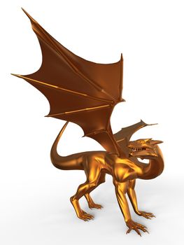 3D digital render of fantasy golden dragon isolated on white background