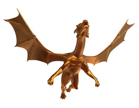 3D digital render of a soaring fantasy golden dragon isolated on white background